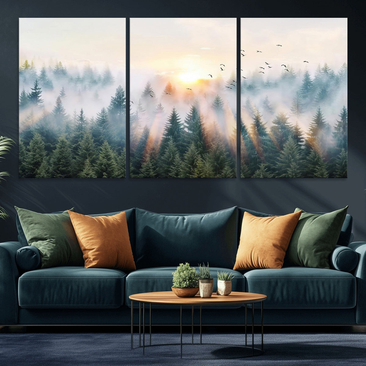 Misty Pine Forest Wall Art Canvas, Sunrise Over Foggy Trees