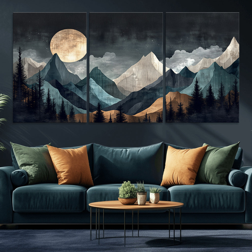 Moonlit Mountain Wall Art Canvas Print, Framed Silhouetted Pines Art, Layered Peaks Rustic Decor