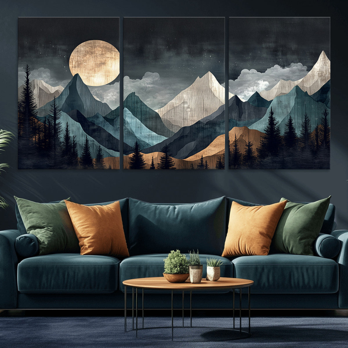Moonlit Mountain Wall Art Canvas Print, Framed Silhouetted Pines Art, Layered Peaks Rustic Decor