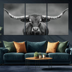 Texas Longhorn Wall Art Canvas Print, Framed Western Bull Photography, Rustic Log Cabin Decor
