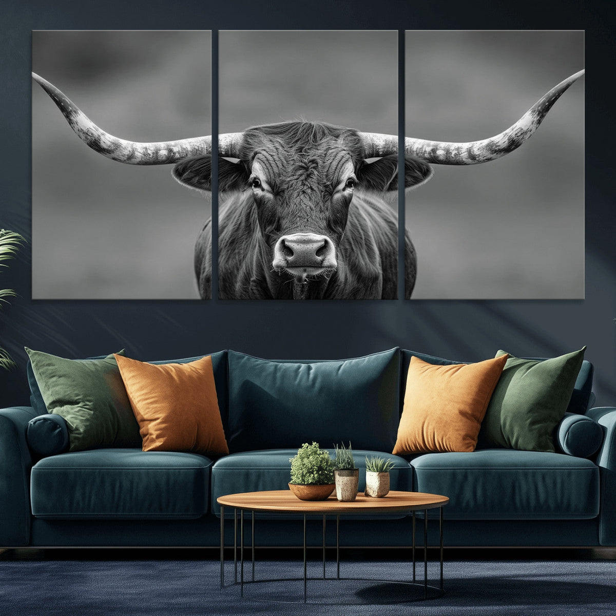 Texas Longhorn Wall Art Canvas Print, Framed Western Bull Photography, Rustic Log Cabin Decor