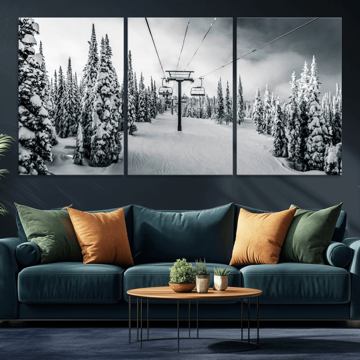 Snowy Pines Wall Art Canvas Print | Ski Lift in a Winter Forest