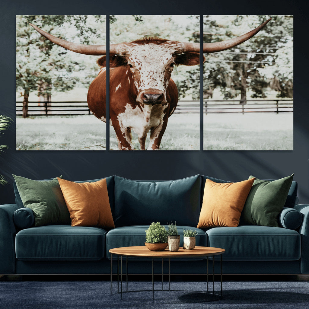 Texas Longhorn Wall Art Canvas Print | Framed Spotted Brown and White Bull
