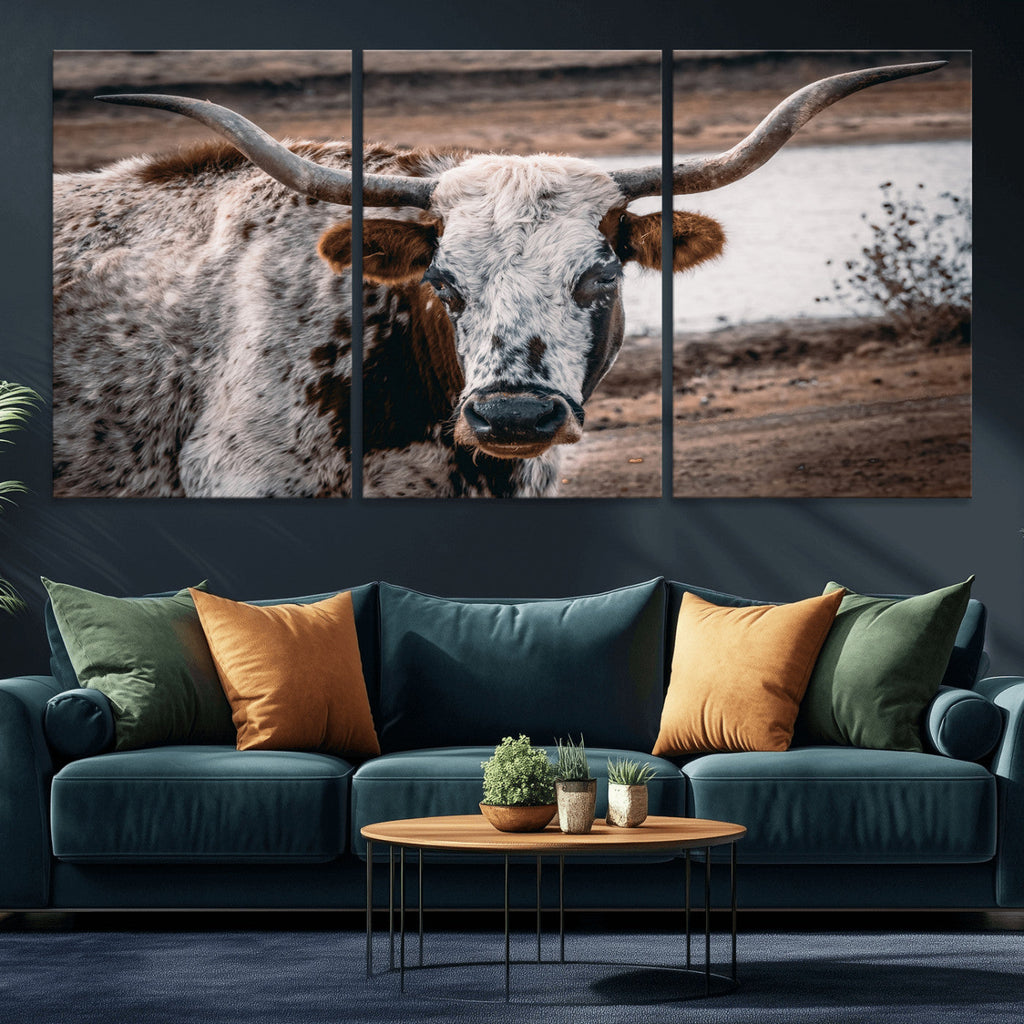 Texas Longhorn Wall Art Canvas Print | Framed Brown and White Spotted Longhorn
