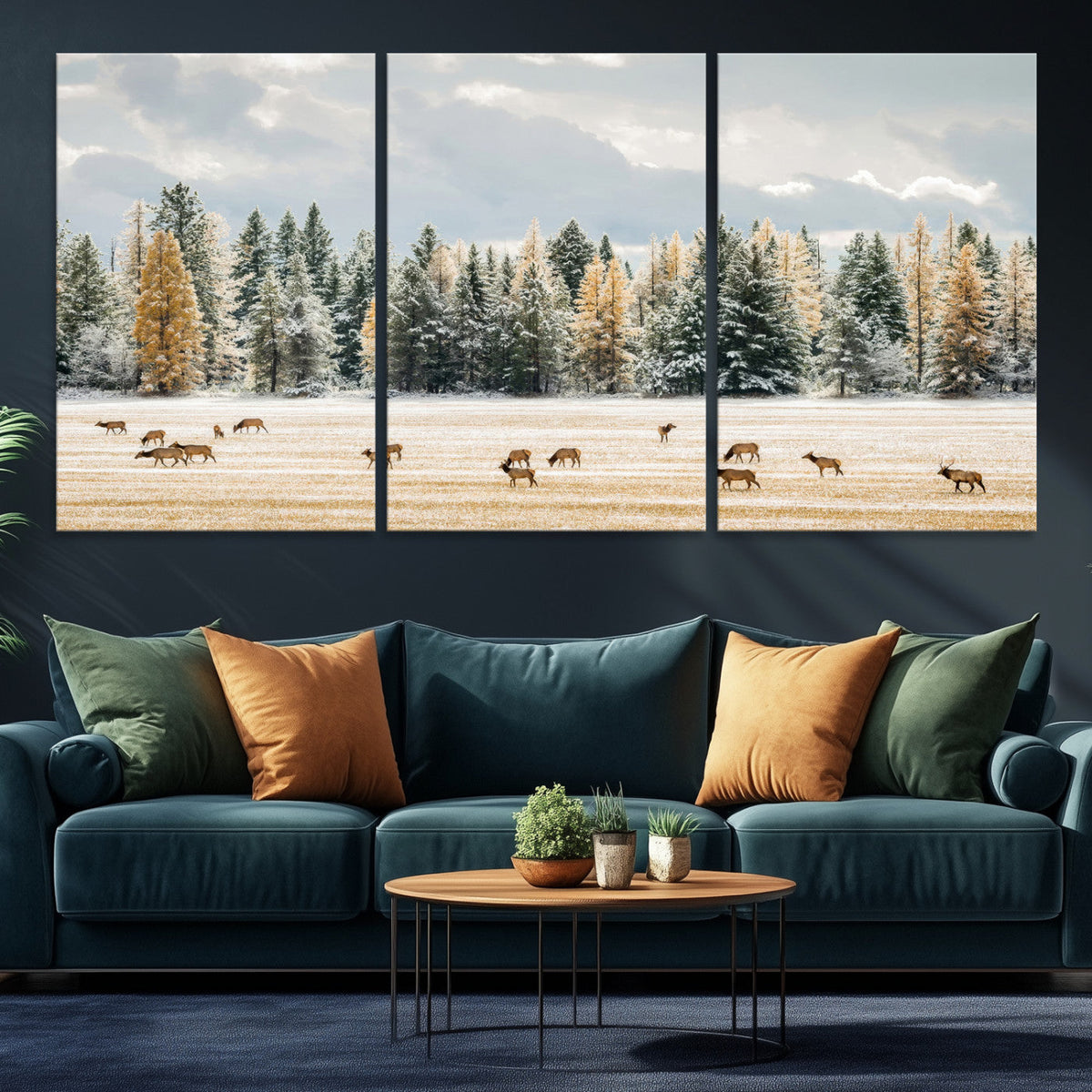 Elk Herd Wall Art, Framed Snowy Forest Canvas Artwork