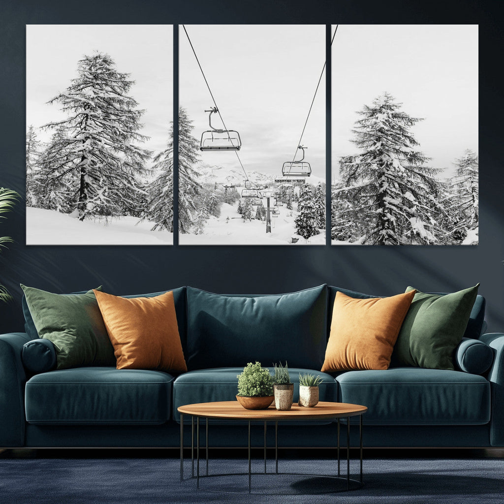 Snowy Ski Lift Wall Art | Framed Winter Forest Canvas