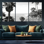 Palm Trees Wall Art Canvas Print, Framed Coastal Ocean Horizon Monochrome Art