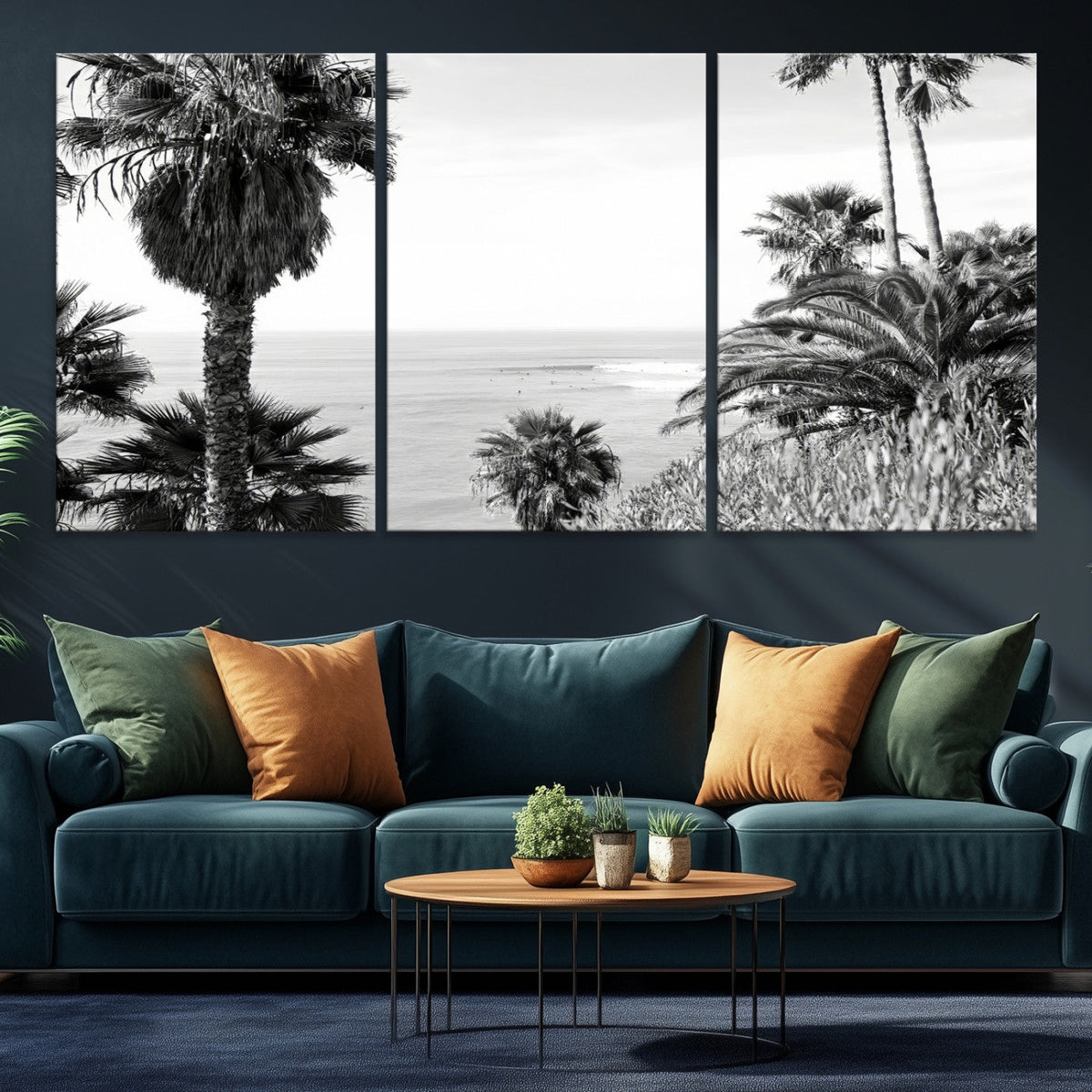 Palm Trees Wall Art Canvas Print, Framed Coastal Ocean Horizon Monochrome Art