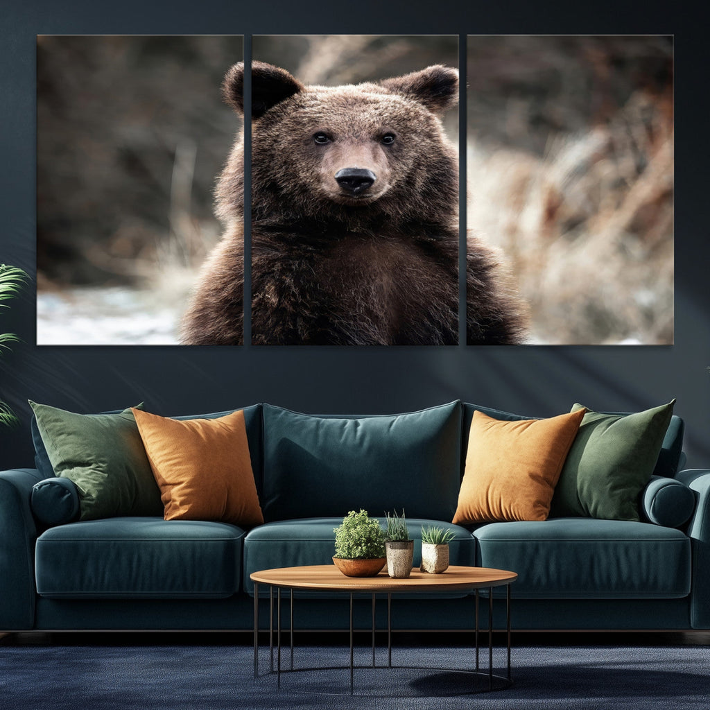 Brown Bear Wall Art Canvas Print, Framed Majestic Woodland Wildlife Cabin Art