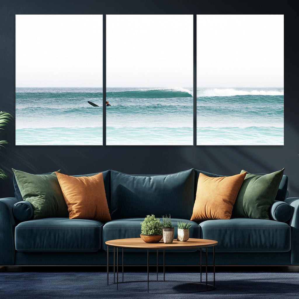 Surfing Wall Art Canvas Print, Framed Minimalist Ocean Waves Beach Art