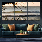 Sunset Surf Wall Art Canvas Print, Framed Golden Hour Waves Boho Beach Art
