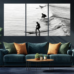 Surfers on Waves Wall Art Canvas Print | Framed Black and White Surf