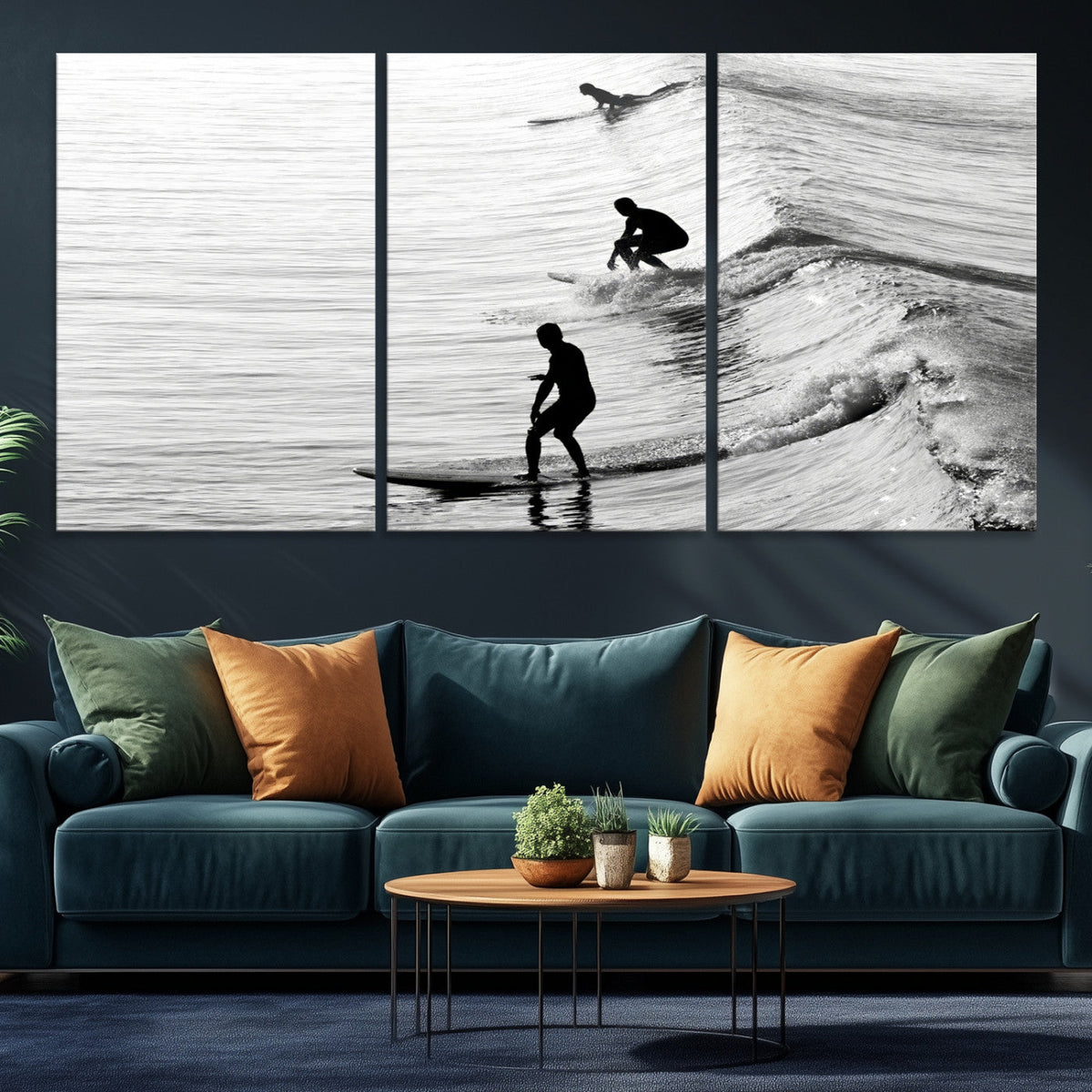 Surfers on Waves Wall Art Canvas Print | Framed Black and White Surf