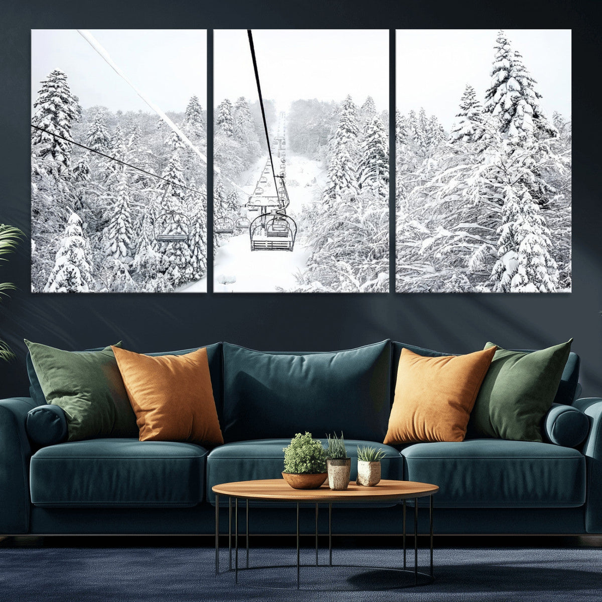 Snowy Ski Lift Wall Art | Framed Winter Mountain Canvas