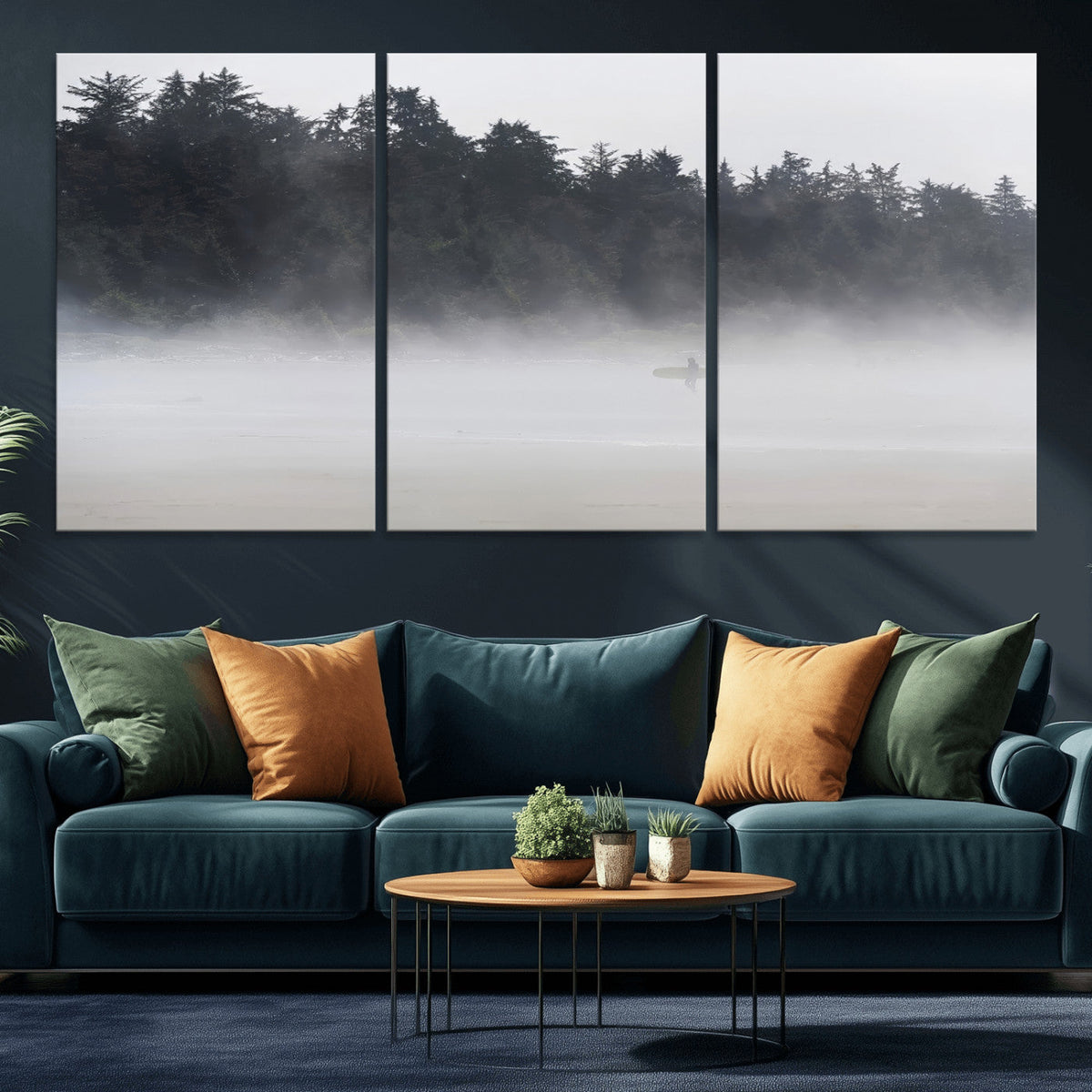 Surfer Fog Wall Art Canvas Print, Framed Foggy Beach and Coastal Surf Scene