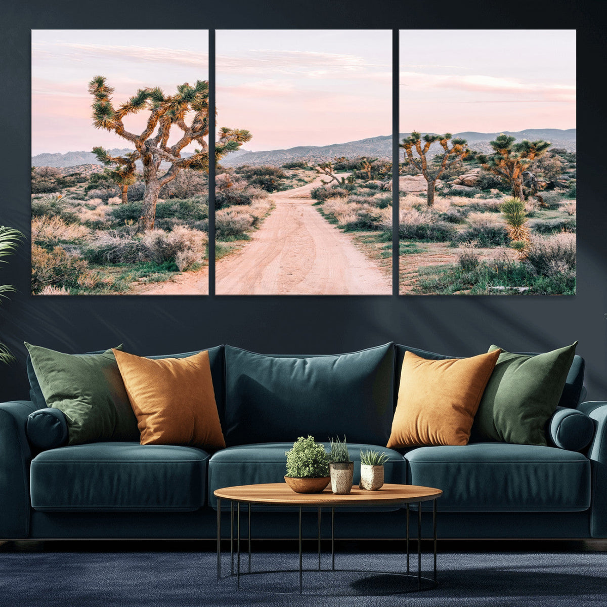 Joshua Tree Wall Art Canvas Print, Framed Desert Road Scene at Sunset