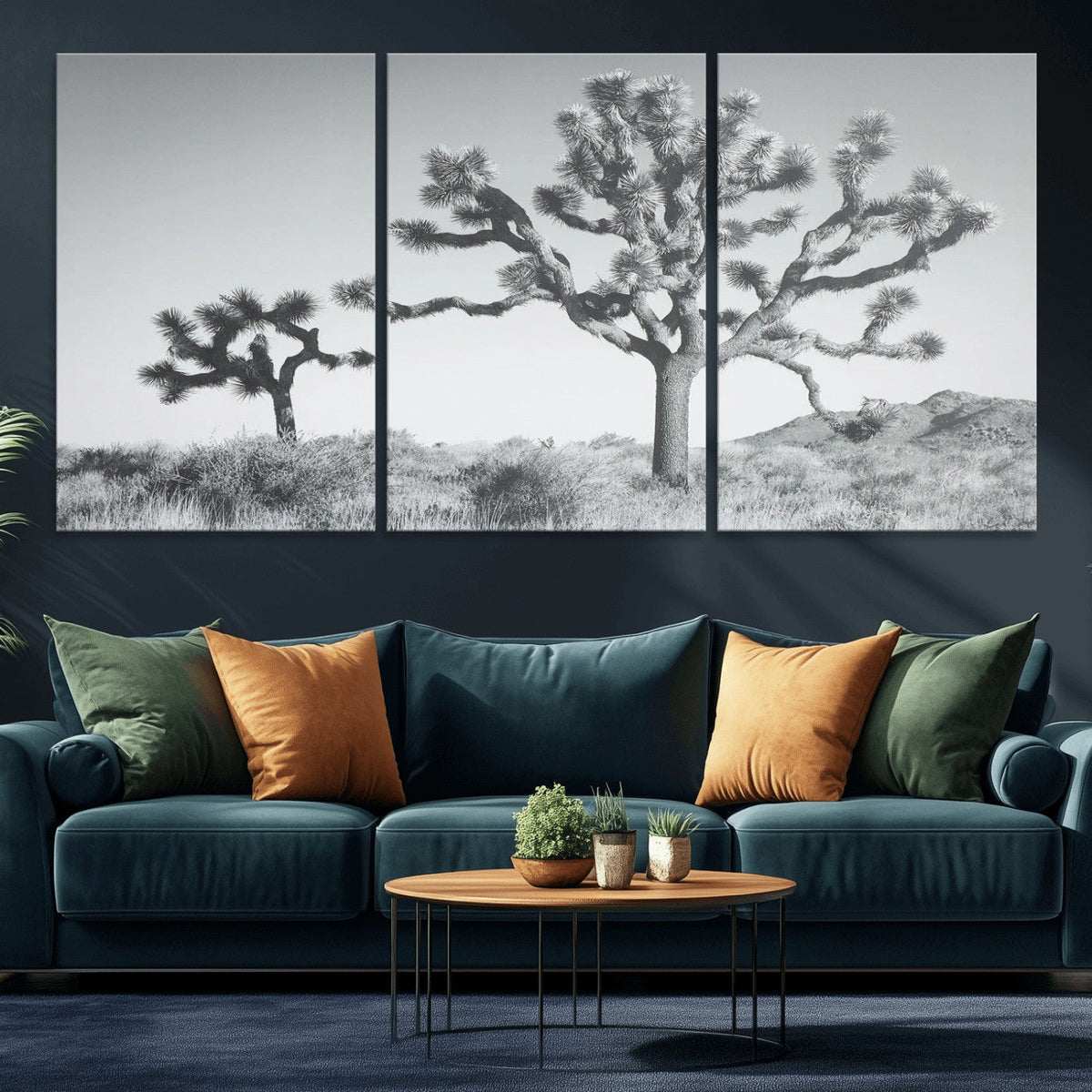 Joshua Tree Wall Art Canvas Print, Framed Black and White Desert Landscape Artwork