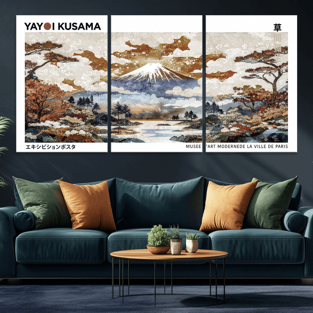 Modern Japanese Wall Art Canvas Print, Framed Abstract Mount Fuji Landscape, Yayoi Kusama Canvas Wall Art
