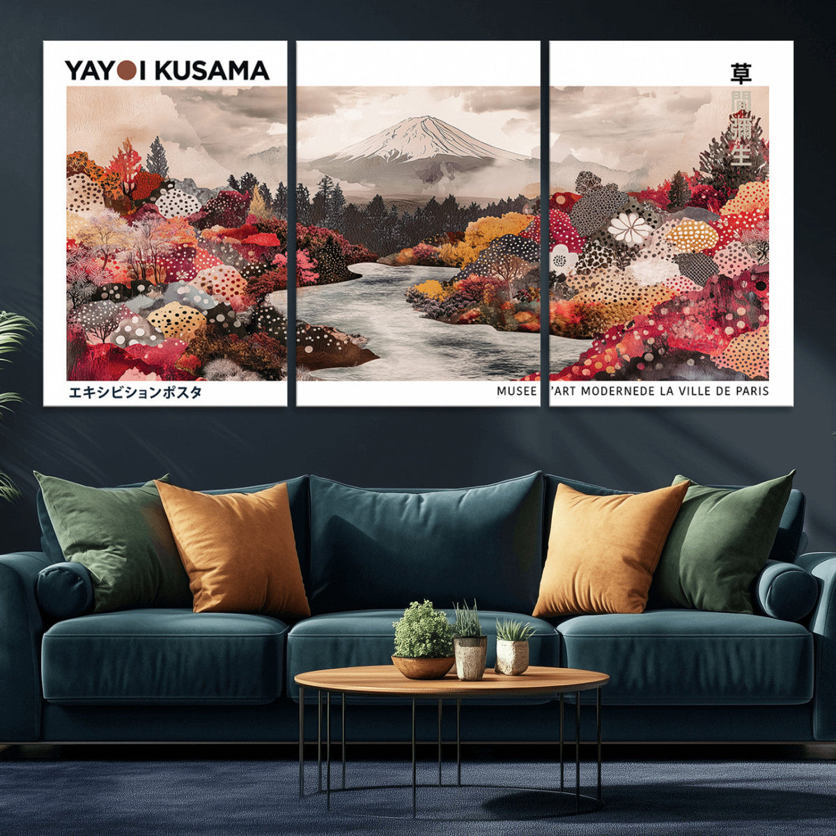 Modern Japanese Wall Art Canvas Print, Framed Abstract Mount Fuji Art, Yayoi Kusama Japanese Landscape