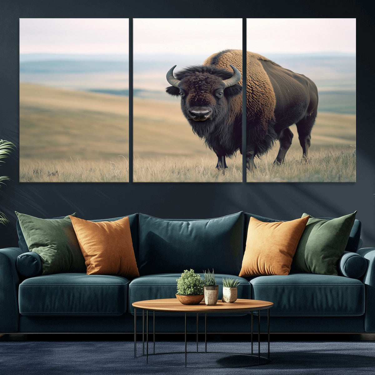 Bison Wall Art Canvas Print, Framed American Buffalo Rustic Western Artwork