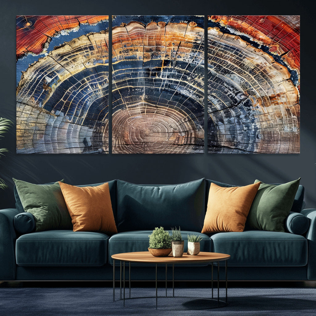 Tree Rings Wall Art Canvas Print, Framed Petrified Wood Modern Rustic