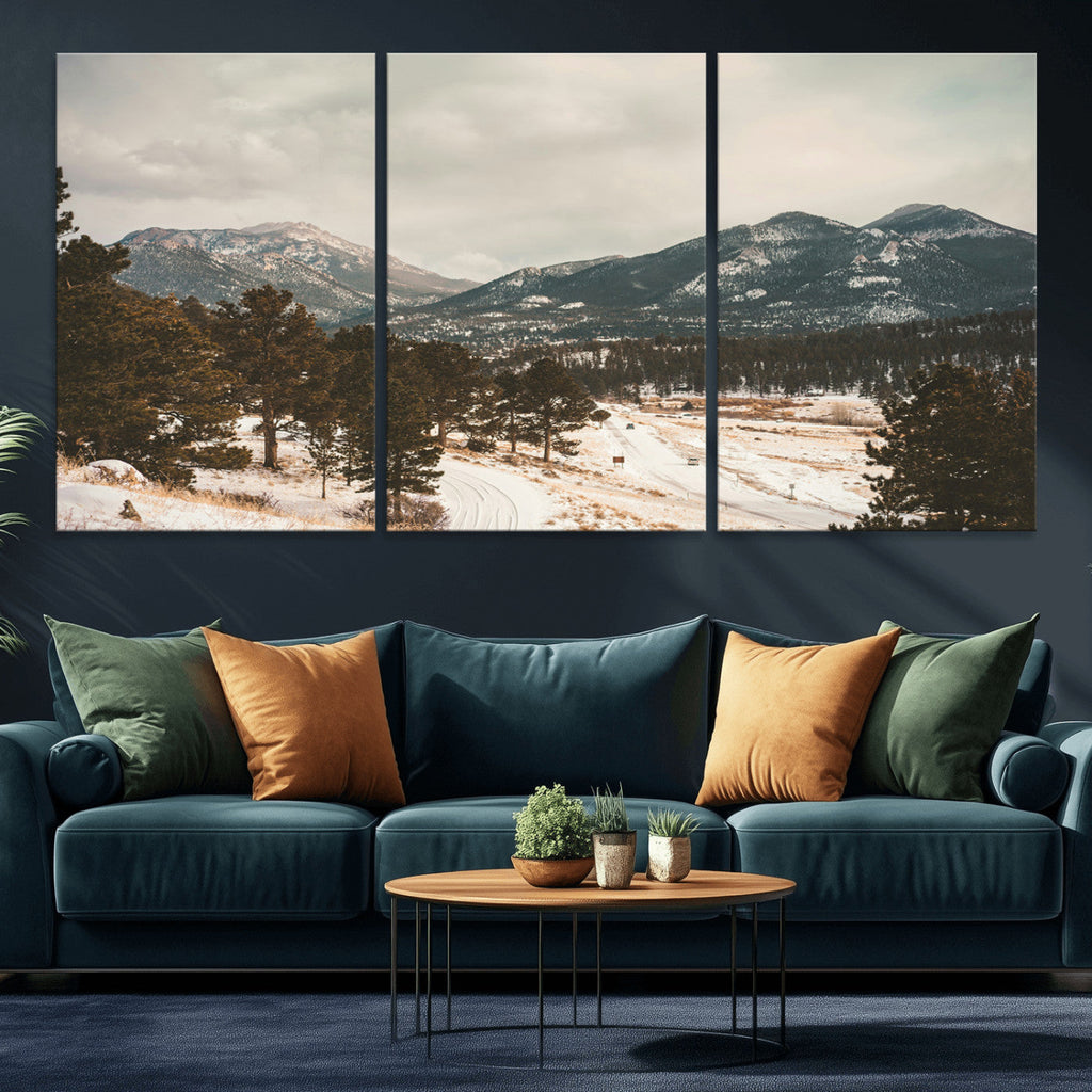 Mountain Landscape Wall Art Canvas Print, Framed Snowy Peaks Alpine Winter