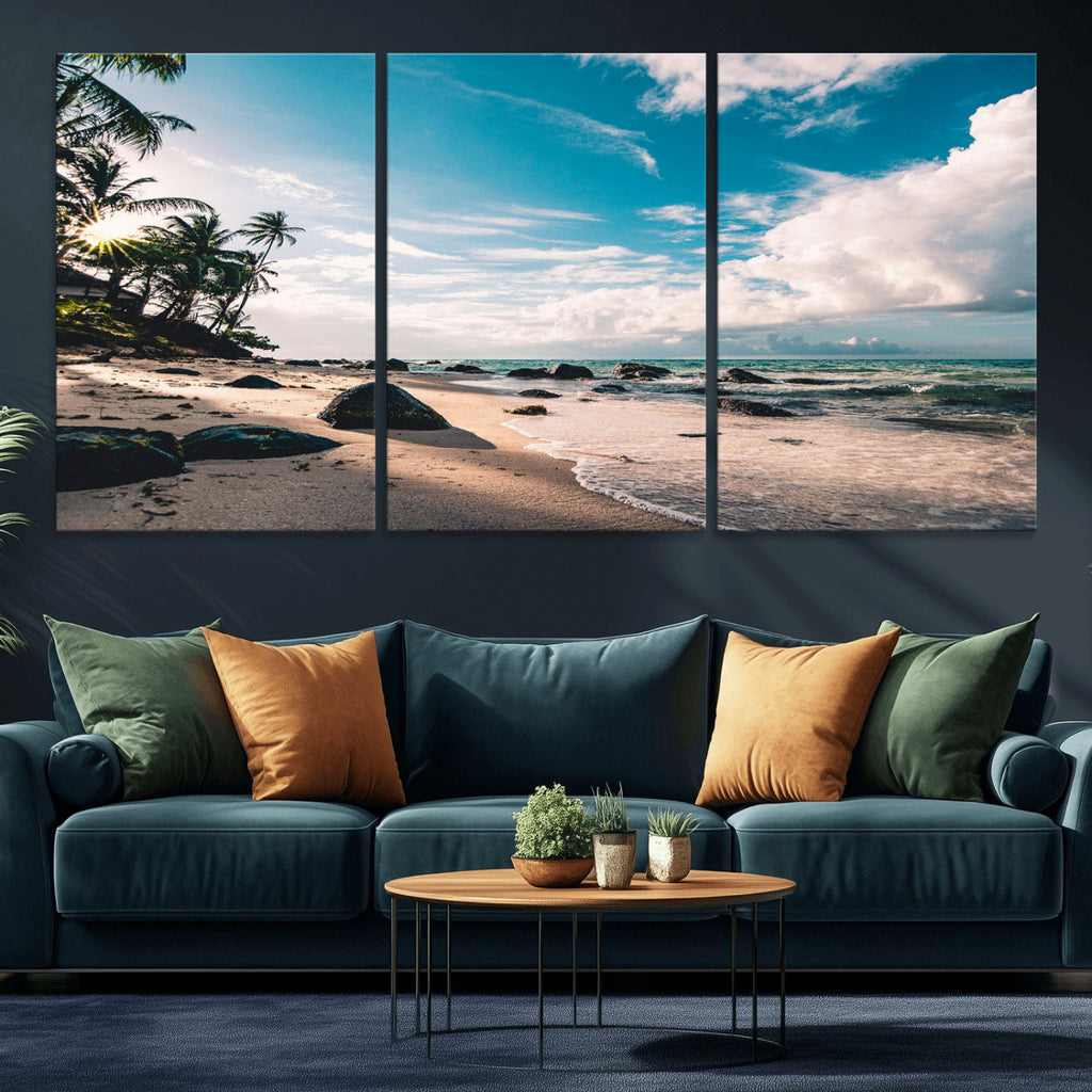 Tropical Beach Wall Art Canvas Print, Framed Ocean Waves Relaxing Seascape