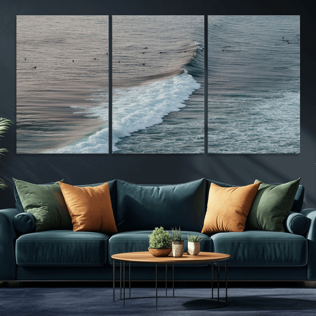 Ocean Waves Wall Art Canvas Print, Framed Coastal Serenity Surf Scene