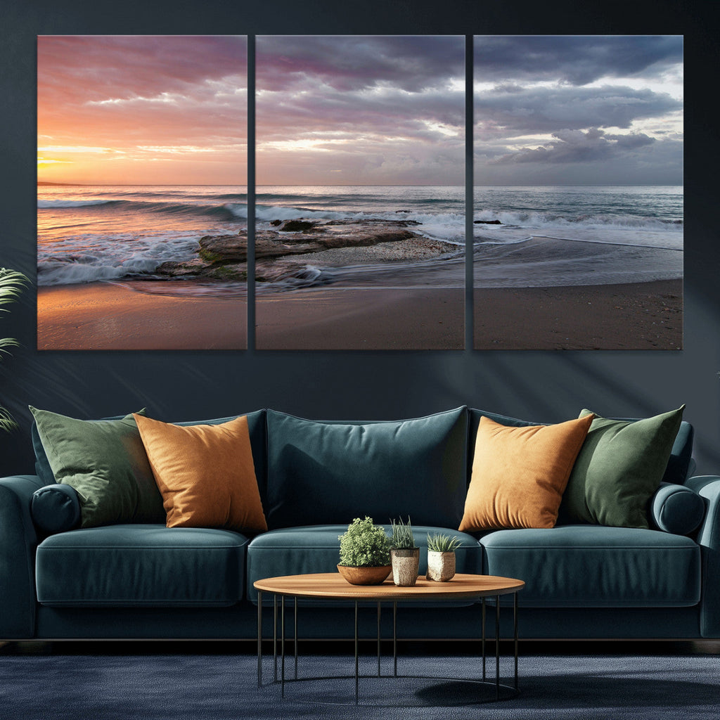 Golden Hour Wall Art Canvas Print, Framed Tranquil Waves Beach Sunset