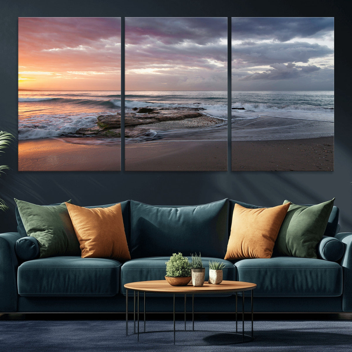 Golden Hour Wall Art Canvas Print, Framed Tranquil Waves Beach Sunset