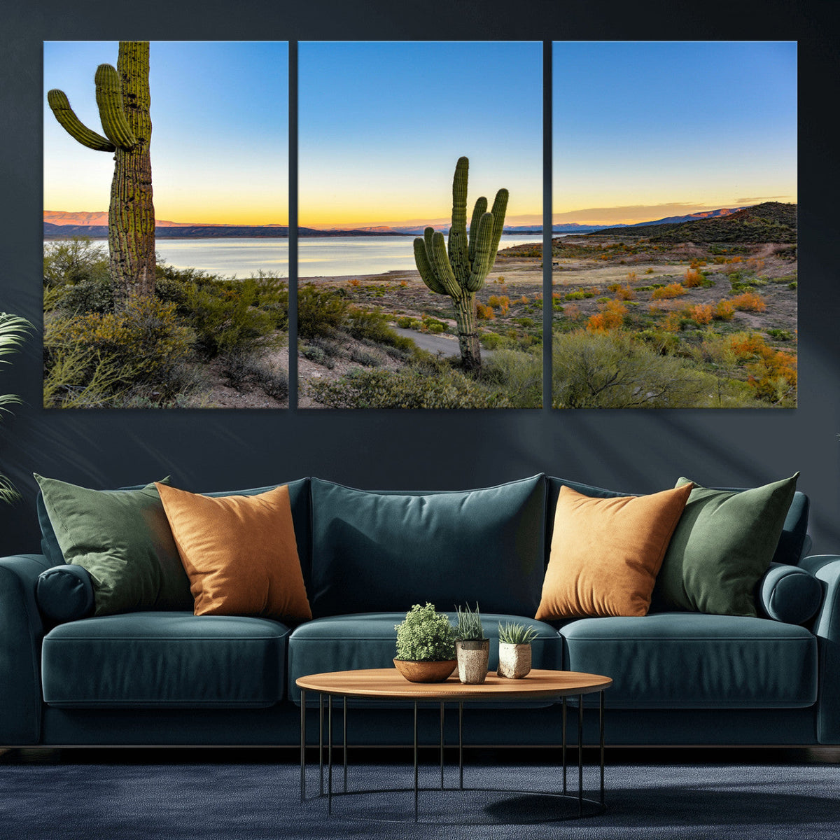 Saguaro Cactus Wall Art Canvas Print, Framed Desert Sunset Southwestern