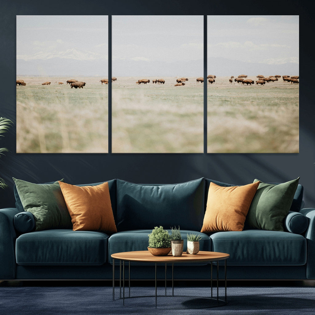 Bison Herd Wall Art Canvas Print, Framed Western Ranch Nature Scene