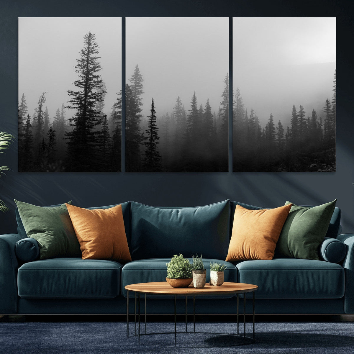Misty Pines Wall Art Canvas Print, Framed Woodland Minimalist Black and White