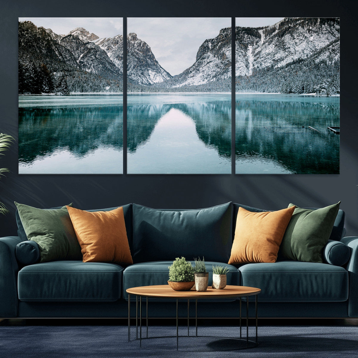Mountain Lake Wall Art Canvas Print, Framed Toblacher See Winter Wonderland