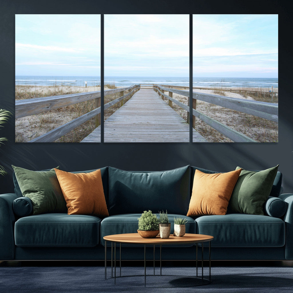 Beach Boardwalk Wall Art Canvas Print, Framed Coastal Serenity Ocean View