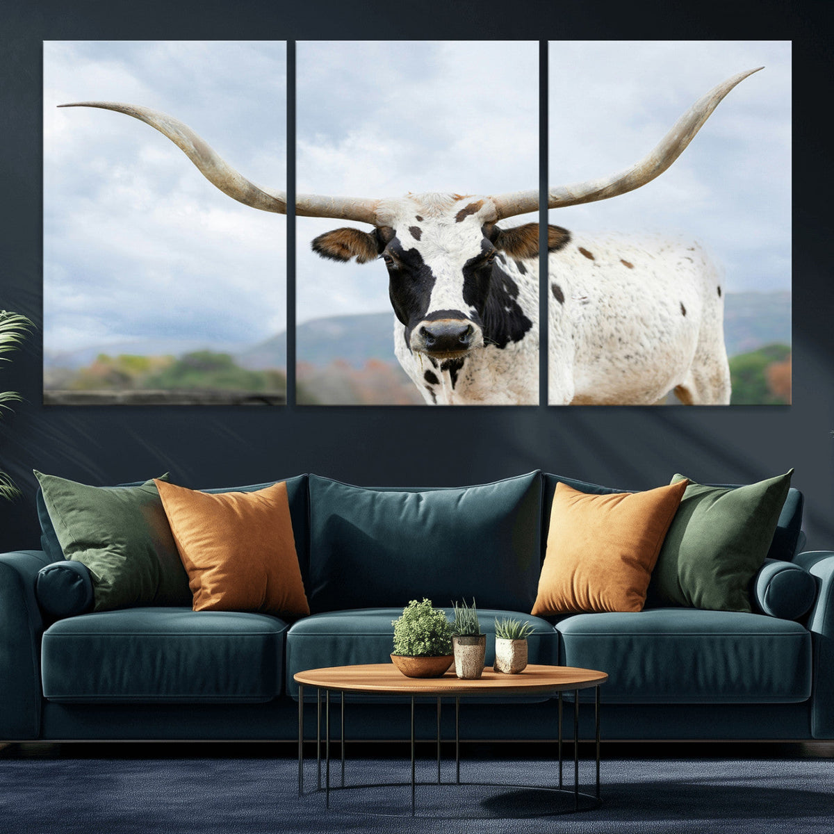 Texas Longhorn Wall Art Canvas Print, Framed Western Rustic Farmhouse