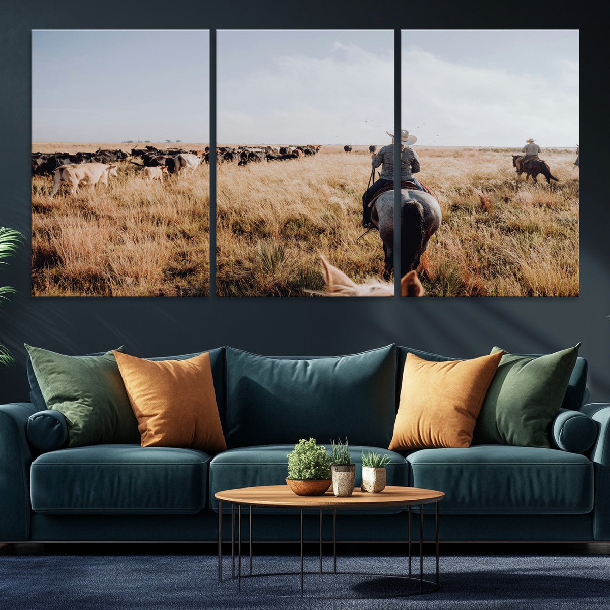 Western Wall Art Canvas Print, Framed Cowboy Cattle Drive Scene