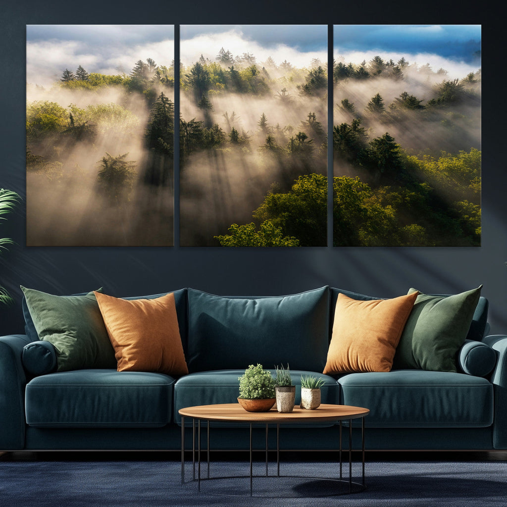 Tranquil Forest Scene Wall Art Canvas Print, Framed Moody Sunbeam Through Trees