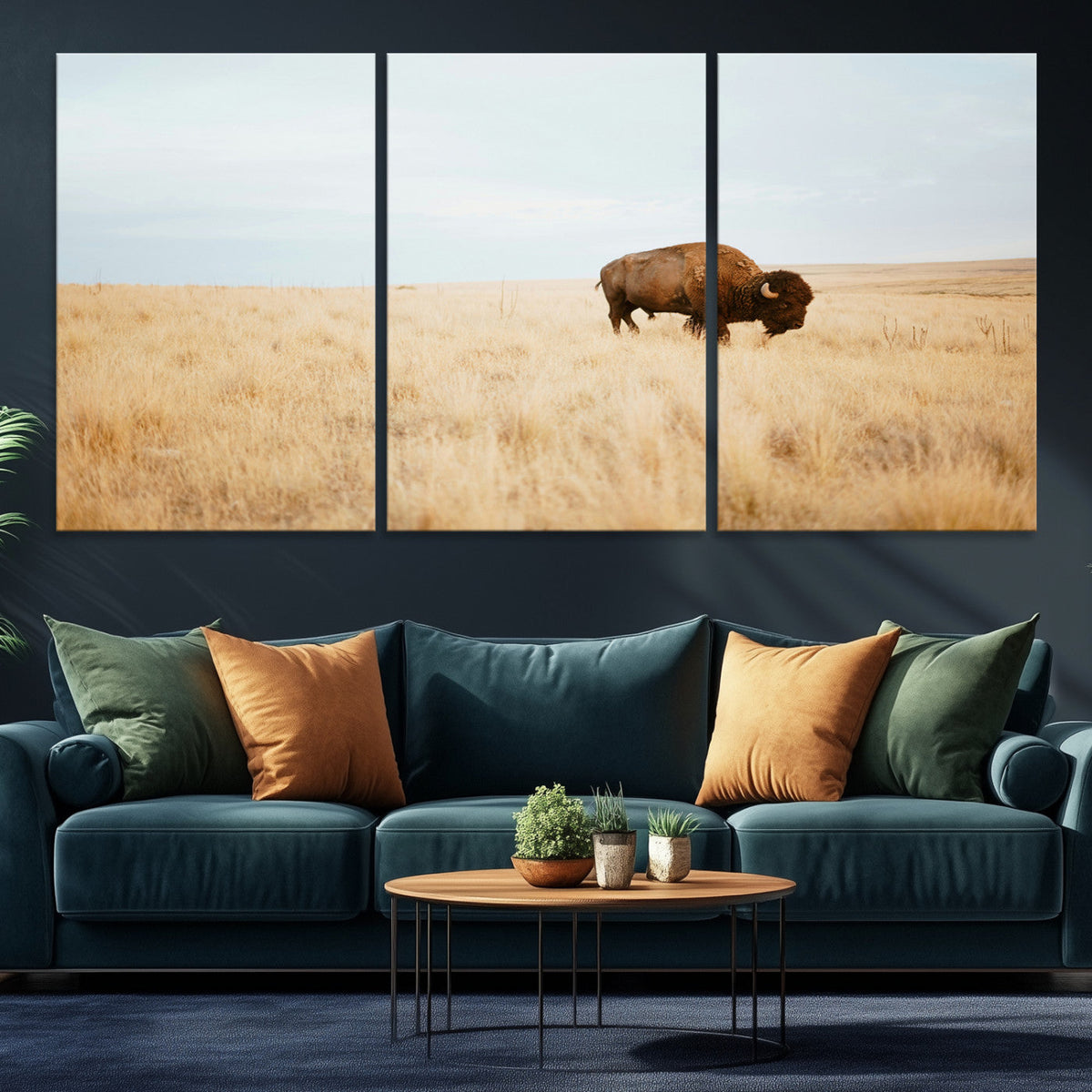 Buffalo Wall Art Canvas Print, Framed Western Wildlife Rustic Prairie Scene