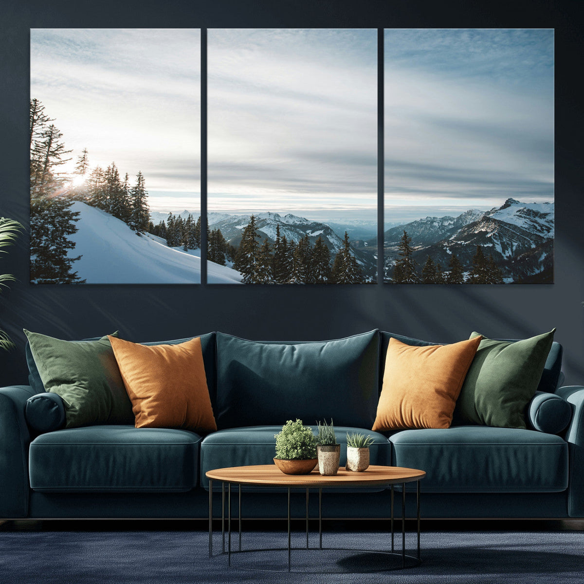 Snowy Mountains Wall Art Canvas Print, Framed Alpine Landscape Frosty Peaks Artwork