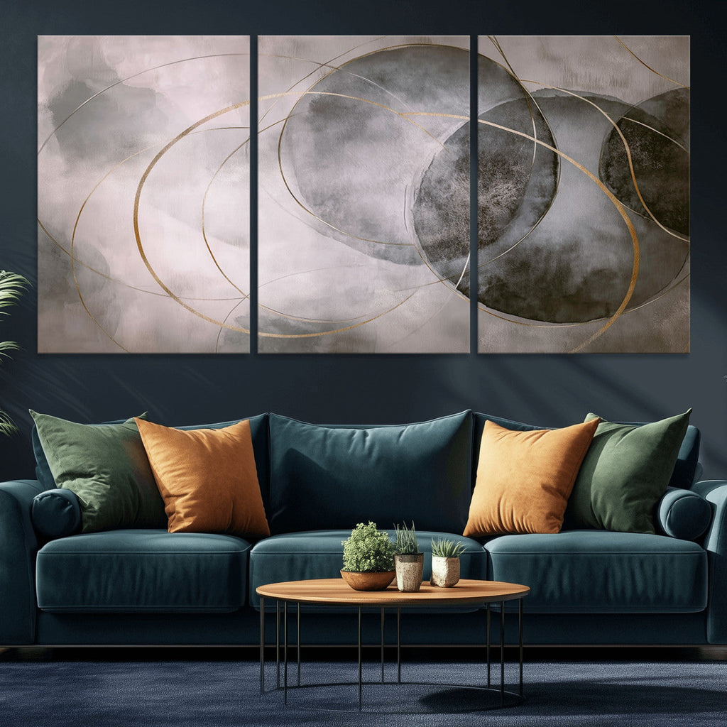 Abstract Grey Gold Wall Art | Modern Geometric Canvas