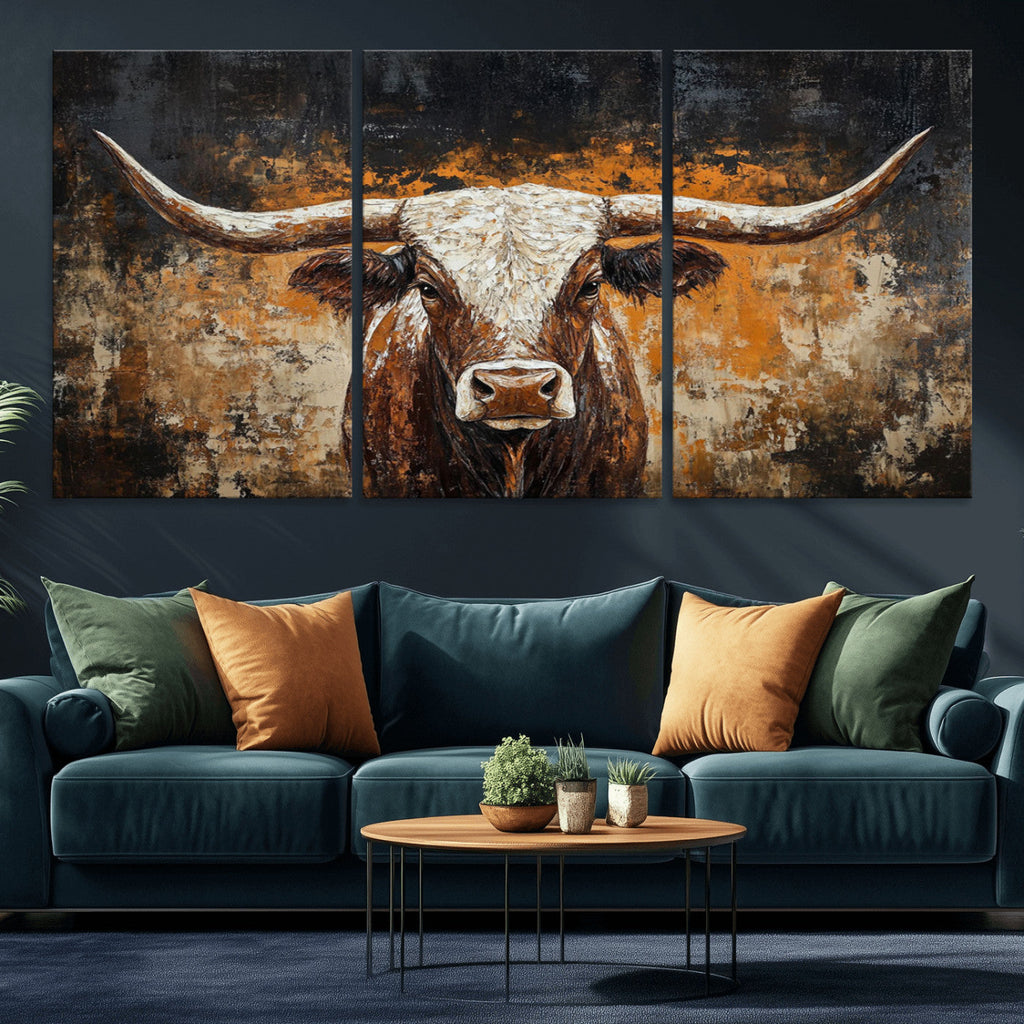 Abstract Longhorn Bull Wall Art Canvas Print, Vintage Western Texas Steer Artwork