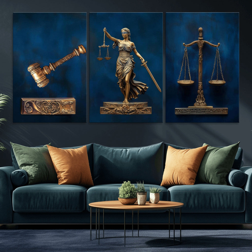 Lady Justice Wall Art Canvas Print, Elegant Gold Legal Symbols on Blue, Law Office Decor