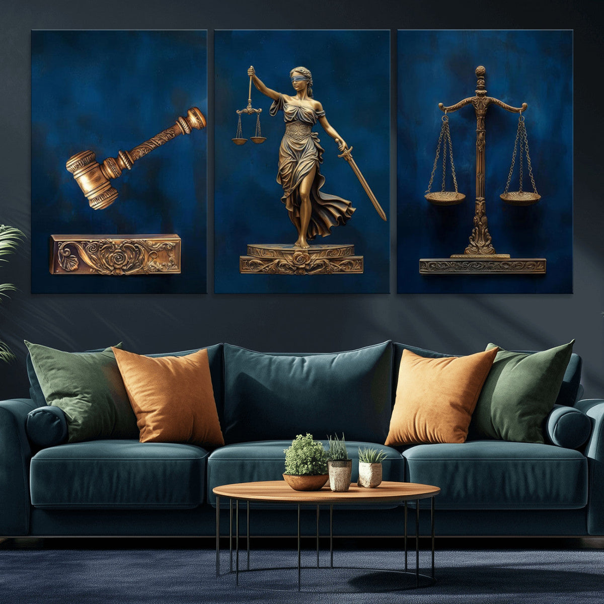 Lady Justice Wall Art Canvas Print, Elegant Gold Legal Symbols on Blue, Law Office Decor