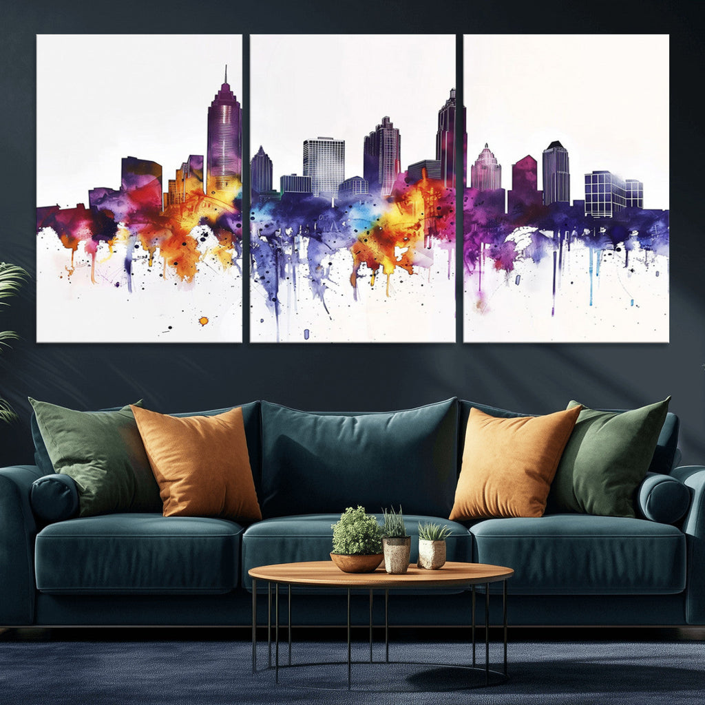 Atlanta Skyline Wall Art Canvas Print, Framed Colorful Watercolor Cityscape