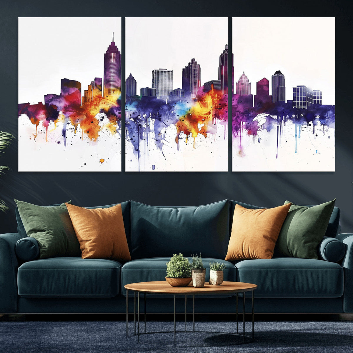 Atlanta Skyline Wall Art Canvas Print, Framed Colorful Watercolor Cityscape