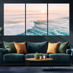 Sunset Surfing Wall Art Canvas Print, Ocean Wave Surfer with Golden Sky