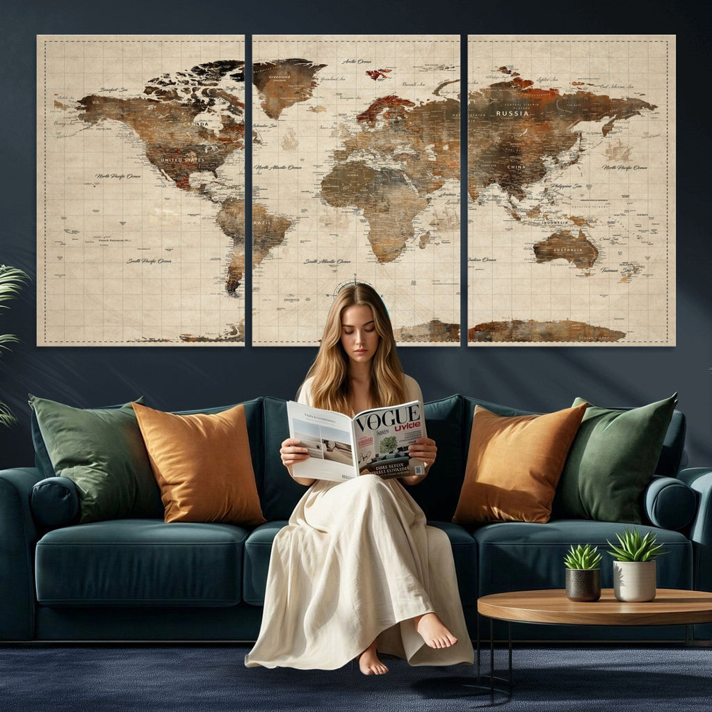 Vintage World Map Wall Art Canvas Print for Living Room, Office and Study