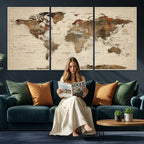 Vintage World Map Wall Art Canvas Print for Living Room, Office and Study