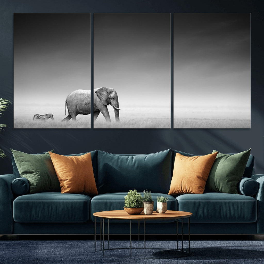 Elephant and Zebra Wall Art Canvas Print, Modern Artwork